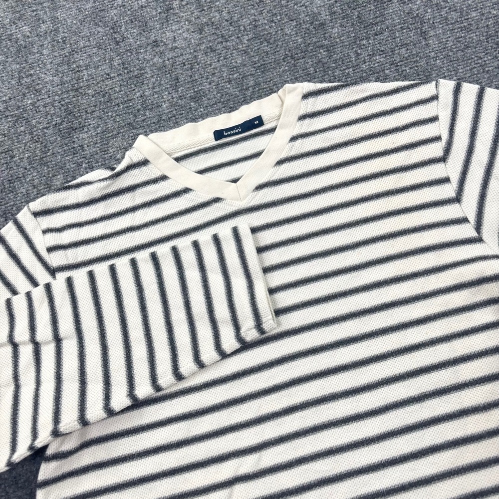 Bossini Striped Long Sleeve Shirt M White Black V-Neck Cotton Top Womens